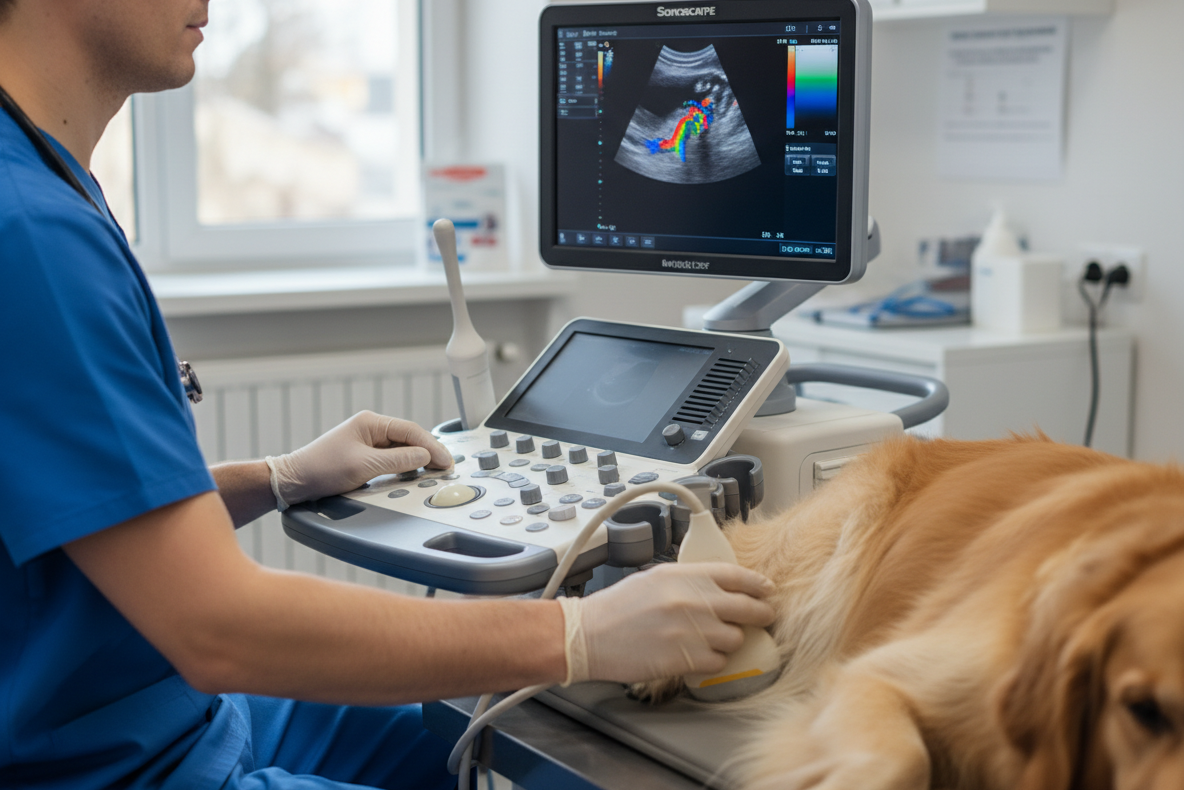 Firefly_Gemini Flash_Create an image of a vet at a Sonoscope E2 Ultrasound machine. The dog needs to be vi 14474