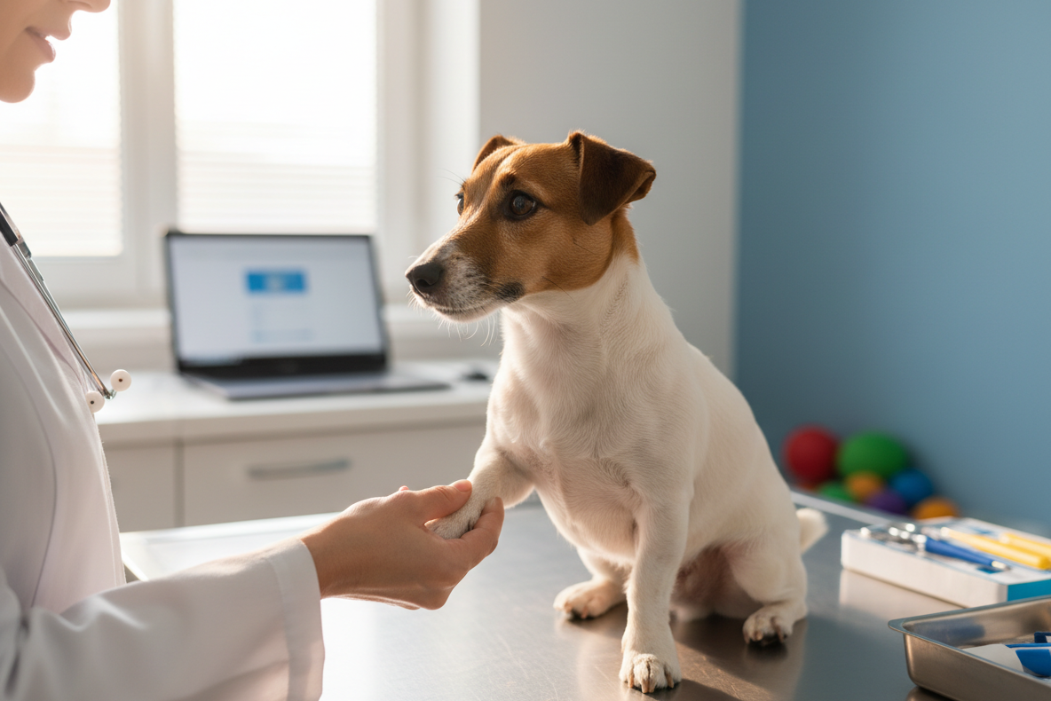 Firefly_Gemini Flash_Create an image of a vet doing a consultation on a Jack Russell. THe dog must be the 14474